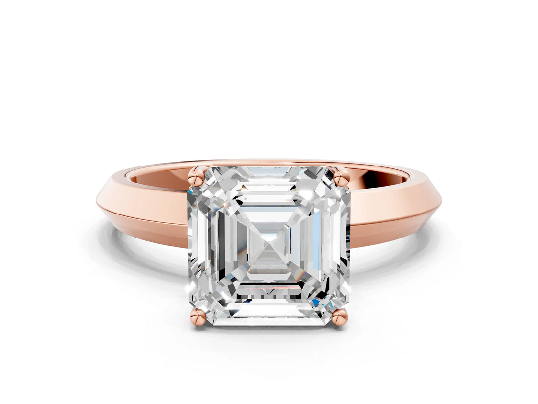 Rose gold Asscher Cut Solitaire Engagement Ring with Flat Band and Four-Prong Setting 1