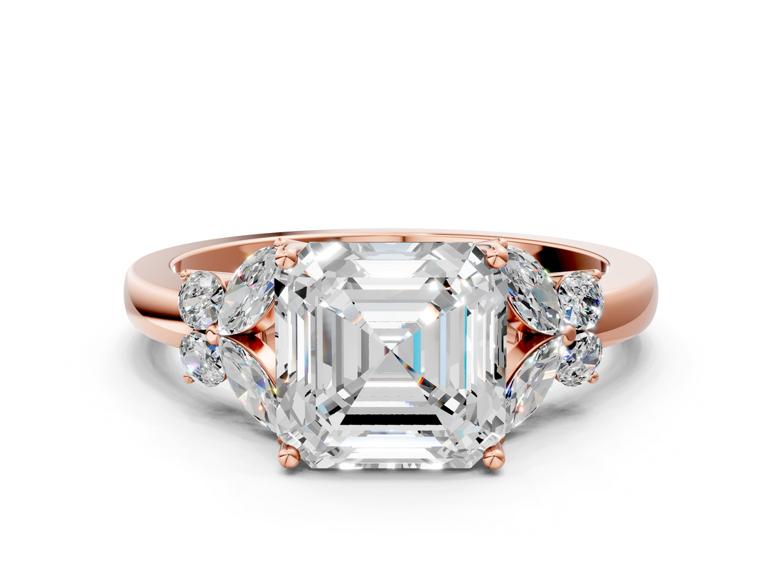 Rose gold Asscher Cut Solitaire Floral Diamond Ring with Four-Prong Setting_6
