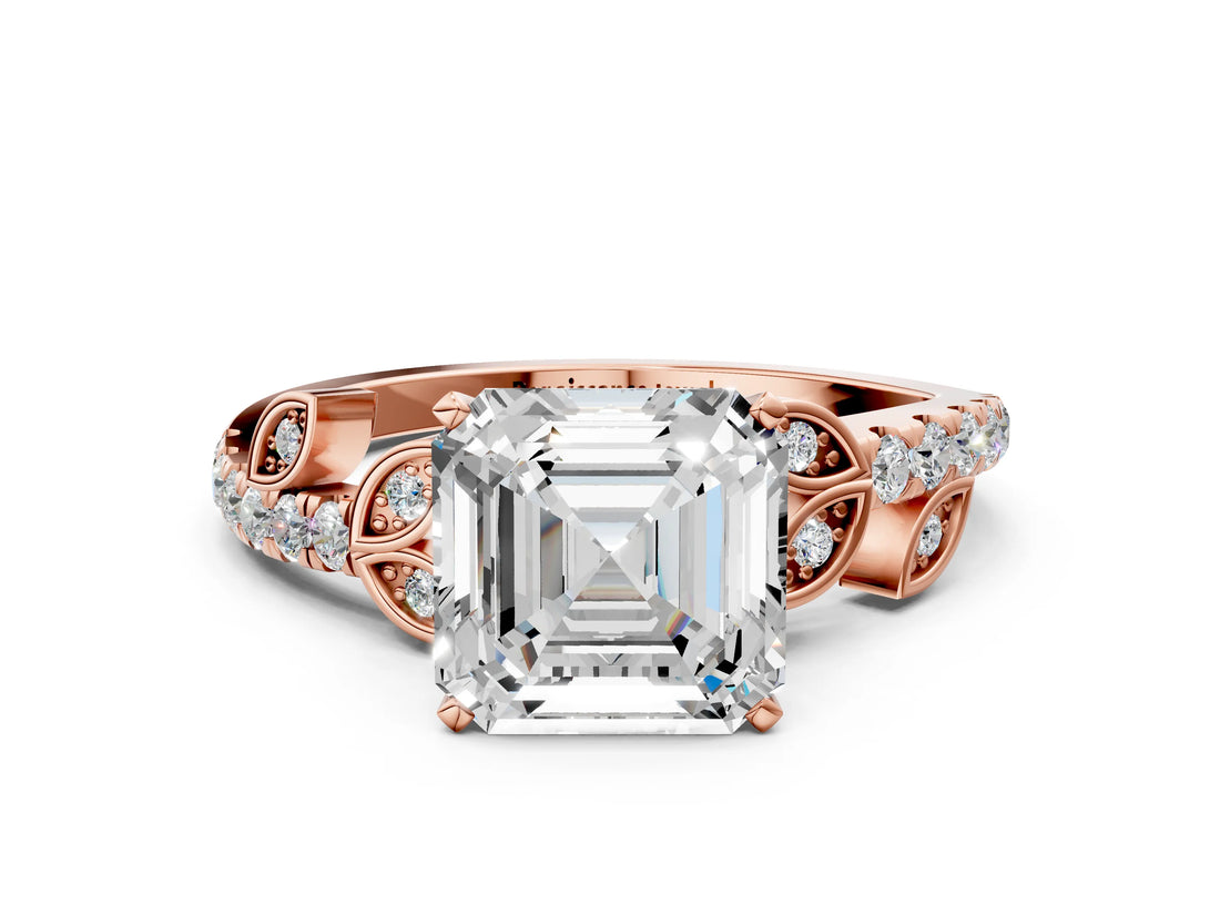 Rose gold Asscher Cut Solitaire Leaf-Inspired Diamond Ring with Pavé Band and Four-Prong Setting_4