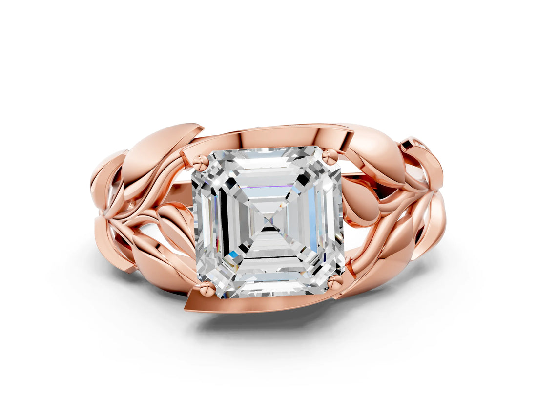 Rose gold Asscher Cut Solitaire Leaf-Inspired Engagement Ring with Prong Setting_20