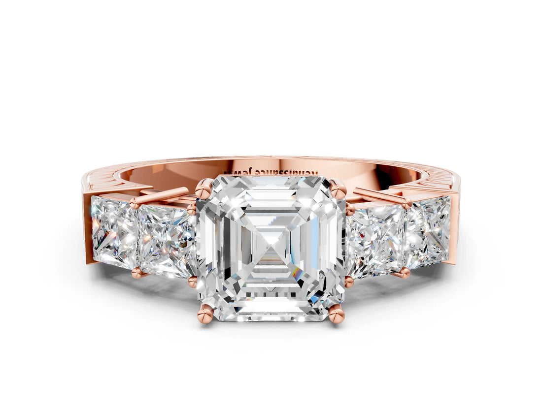 Rose gold Asscher Cut Solitaire Princess Side Stone Engraved Band Prong Setting Ring_7