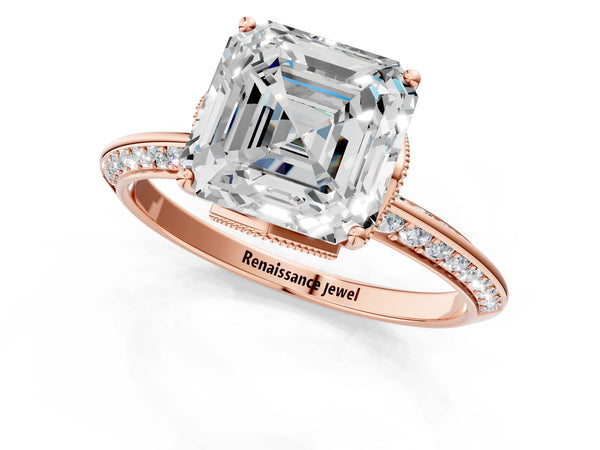 Rose Gold Asscher Cut Graduated Pave Engagement Ring Setting