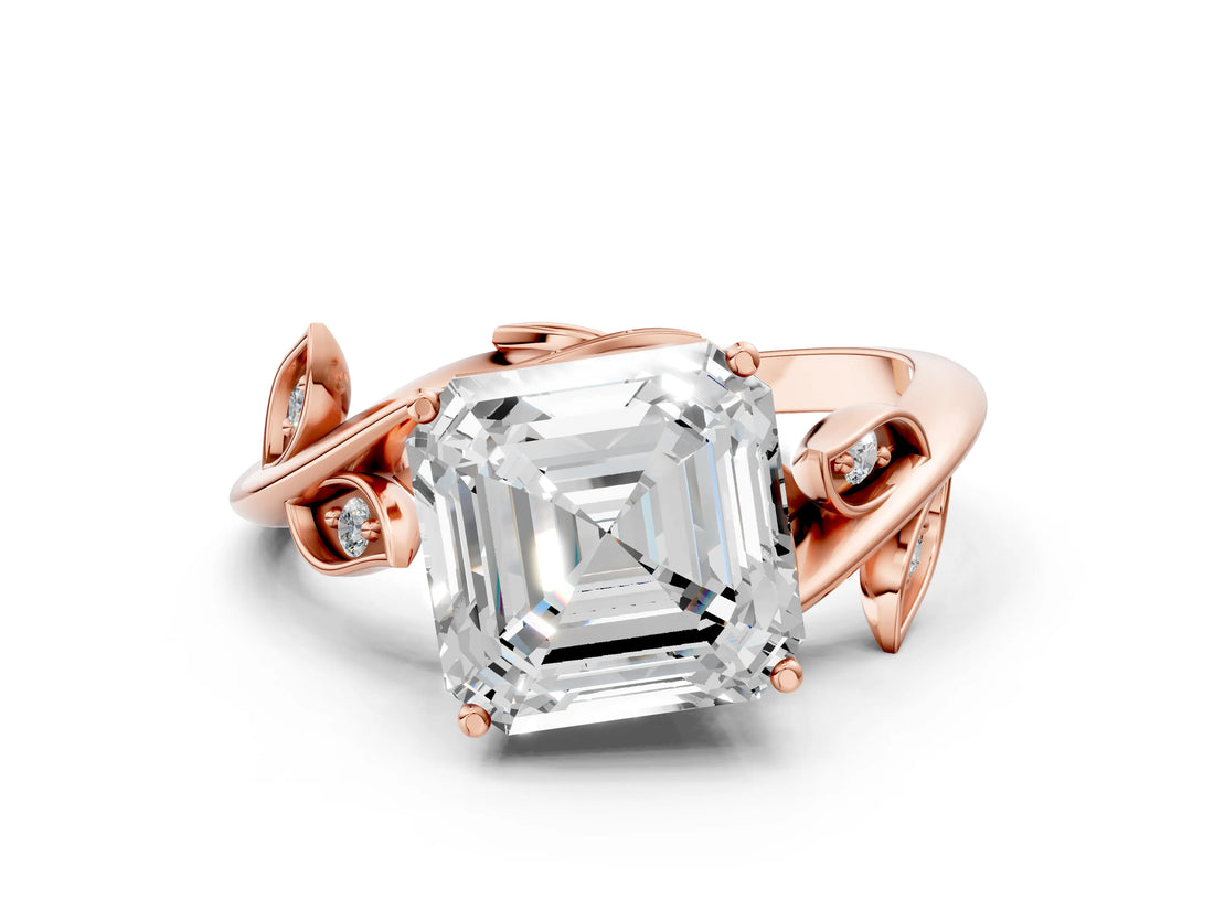 Rose gold Asscher Cut Solitaire Twist Engagement Ring with Leaf Accents and Prong Setting_16
