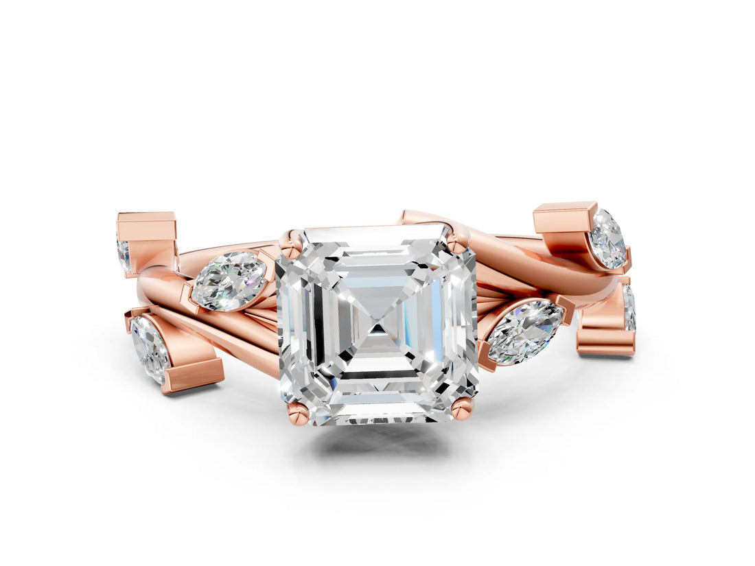 Rose gold Asscher Cut Solitaire Twisted Band Marquise Accent Prong Setting Ring_3