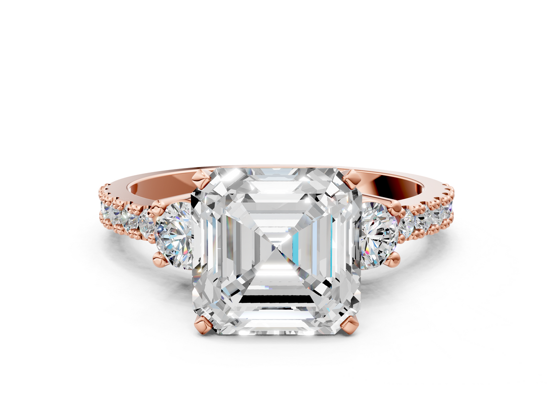 Rose gold Asscher Cut Three-Stone Diamond Pavé Band with Prong Setting_23