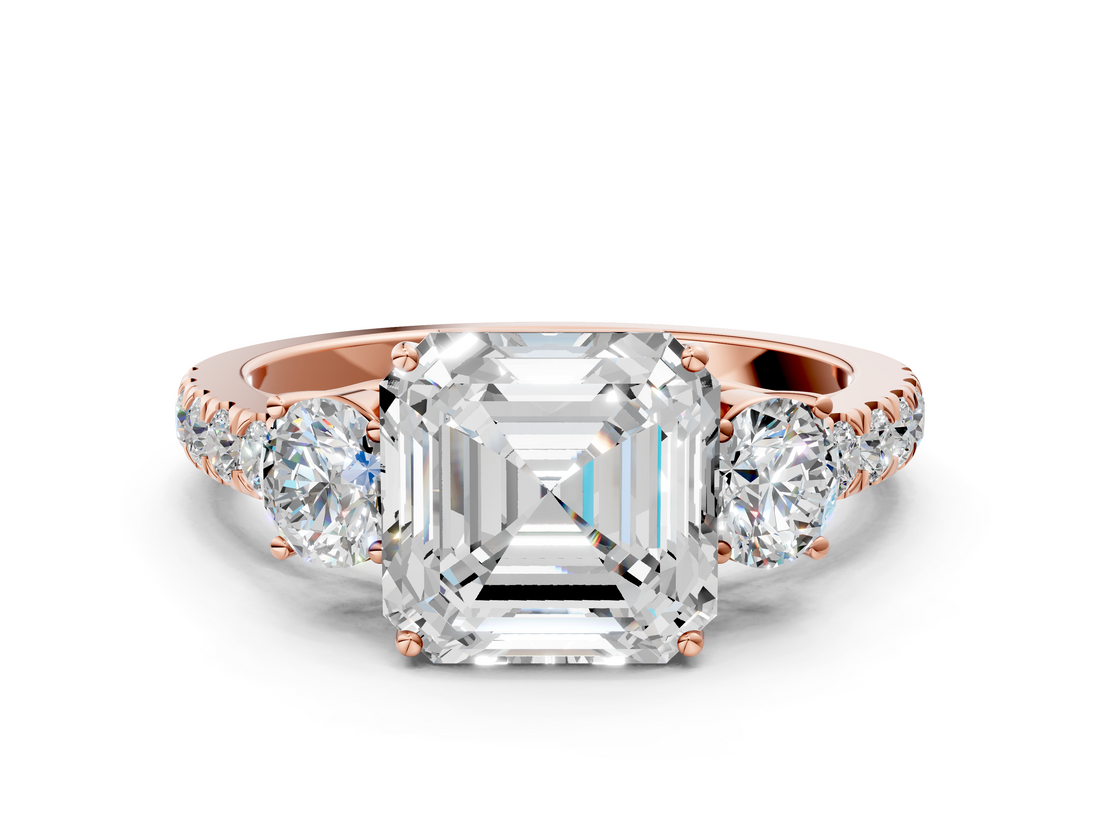 Rose gold Asscher Cut Three-Stone Diamond Pave Band with Prong Setting_40