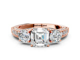 Rose gold Asscher Cut Three-Stone Diamond Ring with Pavé Band and Four-Prong Setting_3