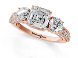 Rose gold Asscher Cut Three-Stone Diamond Ring with Pavé Band and Four-Prong Setting_4