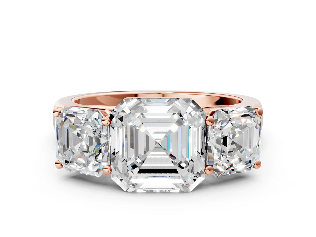 Rose gold Asscher Cut Three-Stone Diamond Ring with Prong Setting on a Classic Band_15