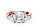 Rose gold Asscher Cut Three-Stone Solitaire Ring with Round Accent Diamonds and Four-Prong Setting_36