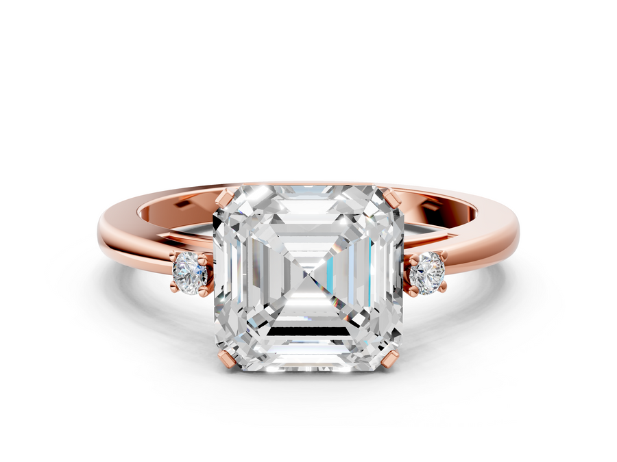 Rose gold Asscher Cut Three-Stone Solitaire Ring with Round Accent Diamonds and Four-Prong Setting