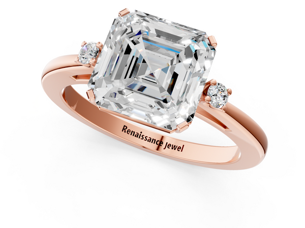 Rose gold Asscher Cut Three-Stone Solitaire Ring with Round Accent Diamonds and Four-Prong Setting