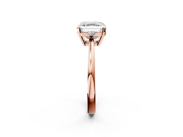 Rose gold Asscher Cut Three-Stone Solitaire Ring with Round Accent Diamonds and Four-Prong Setting