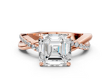 Rose gold Asscher Cut Twist Band Solitaire Diamond Ring with Pavé Setting_3