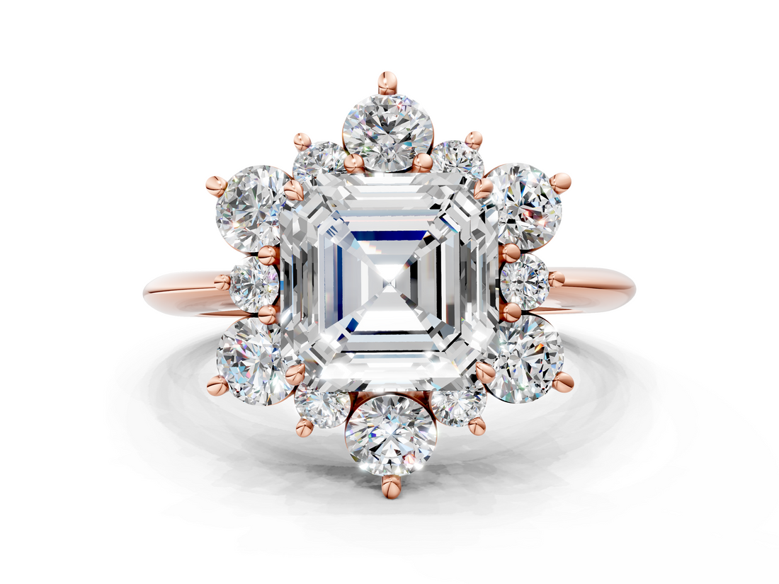 Rose gold Asscher Diamond Cluster Halo Ring with Solitaire Band and Four-Prong Setting_6