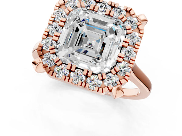 Rose gold Asscher Diamond Cluster Halo Solitaire with Four-Prong Setting