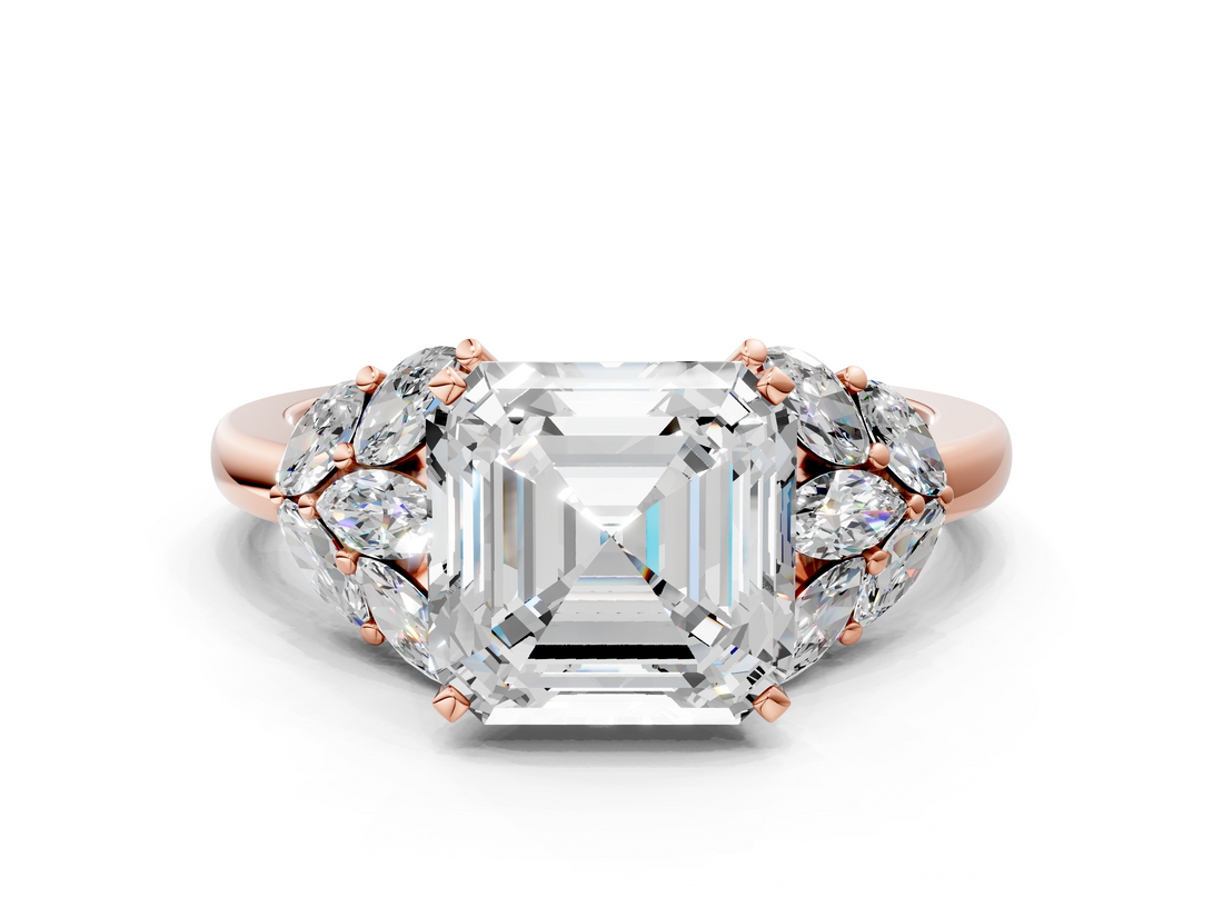 Rose gold Asscher Diamond Cluster Leaf Design Ring with Prong Setting_92