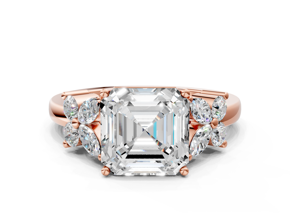 Rose gold Asscher Diamond Floral Cluster Ring with Solitaire Band and Prong Setting_6