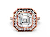 Rose gold Asscher Diamond Halo Ring with Milgrain Frame and Pavé Band_85