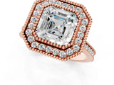 Rose gold Asscher Diamond Halo Ring with Milgrain Frame and Pavé Band_86