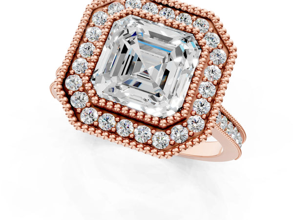 Rose gold Asscher Diamond Halo Ring with Milgrain Frame and Pavé Band