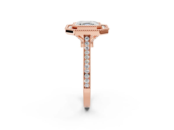 Rose gold Asscher Diamond Halo Ring with Milgrain Frame and Pavé Band