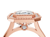 Rose gold Asscher Diamond Halo Ring with Milgrain Frame and Pavé Band_89
