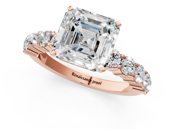 Rose gold Asscher Diamond Solitaire Ring with Shared Prong Round Side Stones