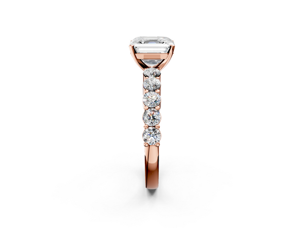 Rose gold Asscher Diamond Solitaire Ring with Shared Prong Round Side Stones