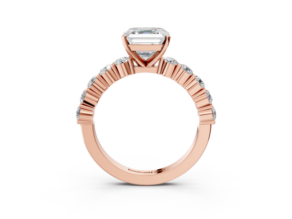 Rose gold Asscher Diamond Solitaire Ring with Shared Prong Round Side Stones