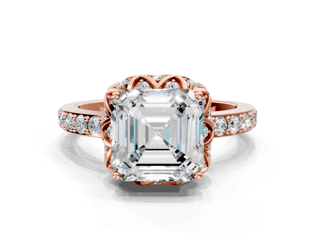 Rose gold Asscher Diamond Solitaire Ring with Shared Prong Pavé Band_23