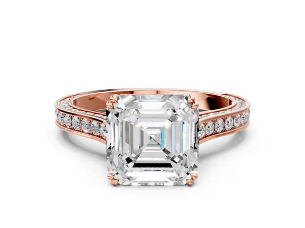 Rose gold Asscher Diamond Solitaire with Pave Band and Six-Prong Setting