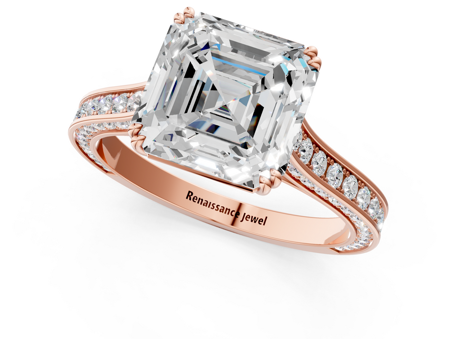 Rose gold Asscher Diamond Solitaire with Pave Band and Six-Prong Setting