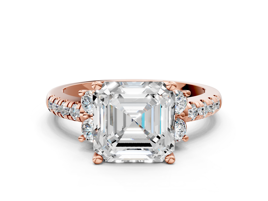 Rose gold Asscher Diamond Three-Stone Pave Band with Four-Prong Setting_24