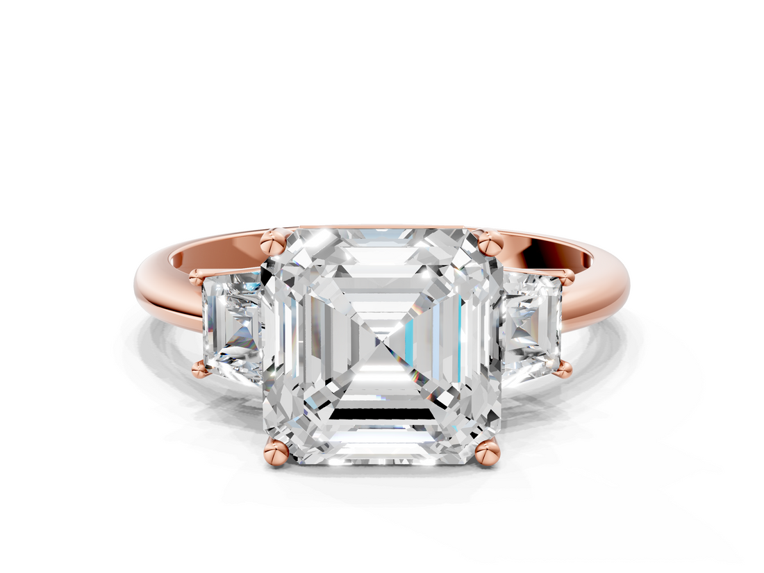 Rose gold Asscher Diamond Three-Stone Ring with Trapezoid Side Stones and Prong Setting_40