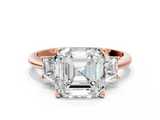 Rose gold Asscher Diamond Three-Stone Ring with Trapezoid Side Stones and Prong Setting_40
