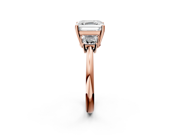 Rose Gold Asscher Cut Three Stone Engagement Ring Setting with Trapezoid Side Stones and Prong Head