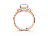 Rose gold Asscher Diamond Three-Stone Ring with Trapezoid Side Stones and Prong Setting_43