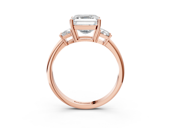 Rose Gold Asscher Cut Three Stone Engagement Ring Setting with Trapezoid Side Stones and Prong Head