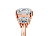 Rose gold Asscher Diamond Three-Stone Ring with Trapezoid Side Stones and Prong Setting_45
