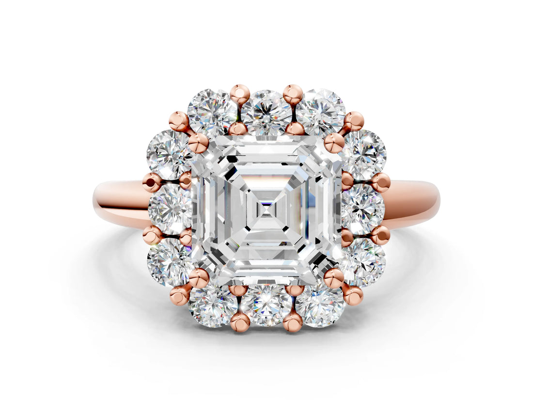 Rose gold Asscher Halo Cluster Diamond Engagement Ring with Prong Setting and Polished Band_20