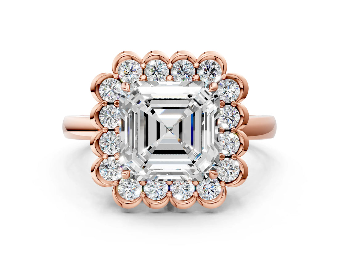 Rose gold Asscher Halo Cluster Diamond Engagement Ring with Solitaire Band and Prong Setting_30