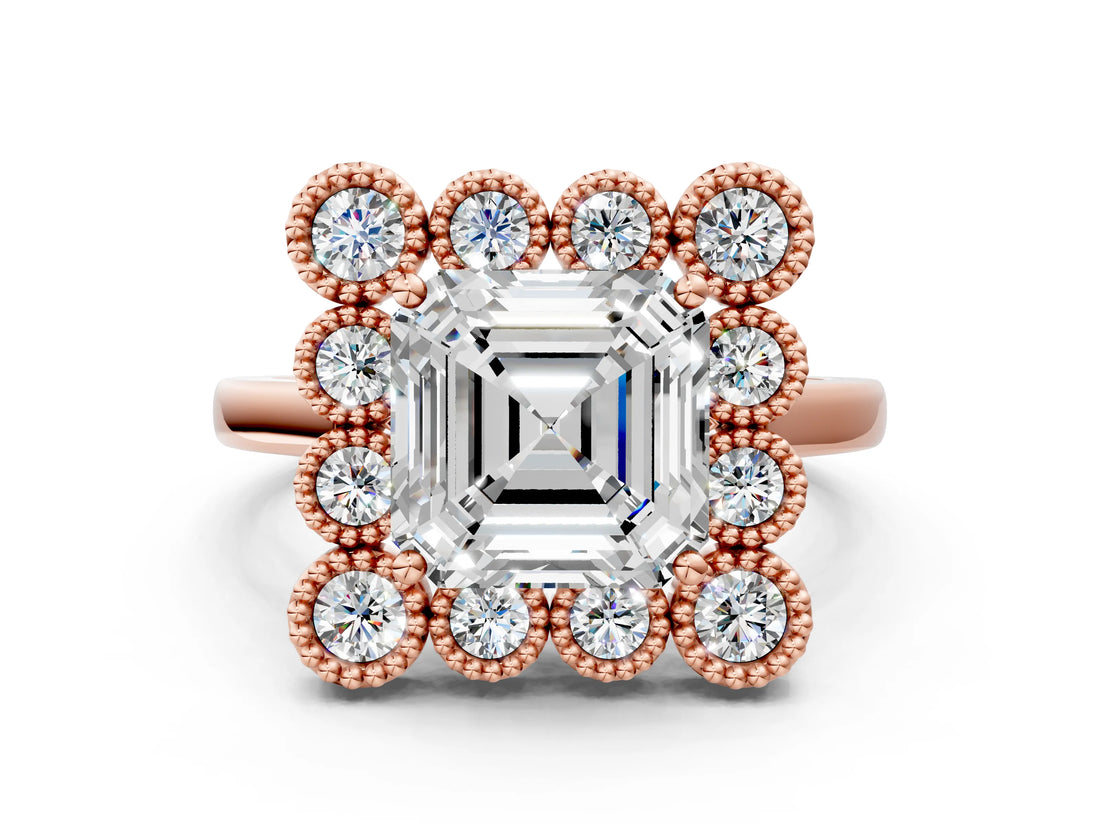 Rose gold Asscher Halo Diamond Cluster Engagement Ring with Milgrain Bezel Setting and Solitaire Band_63
