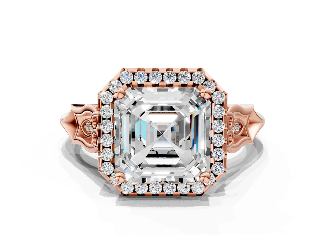 Rose gold Asscher Halo Diamond Engagement Ring with Filigree Band and Four-Prong Setting_69