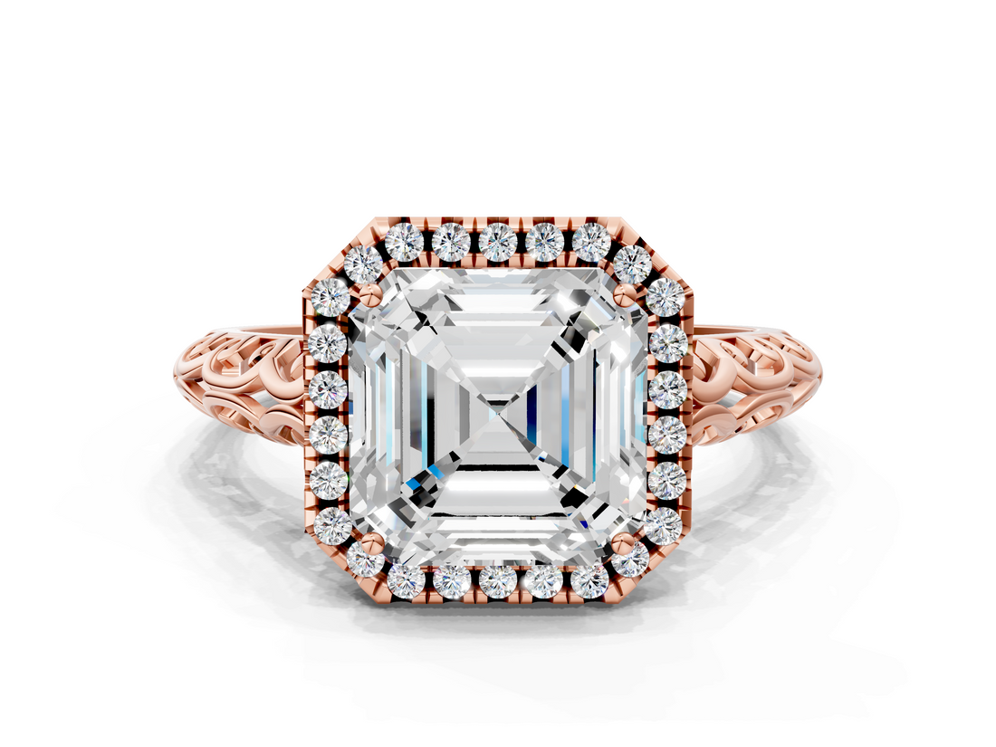 Rose gold Asscher Halo Diamond Engagement Ring with Intricate Filigree Band and Four-Prong Setting_22
