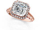 Rose gold Asscher Halo Diamond Engagement Ring with Intricate Filigree Band and Four-Prong Setting_23
