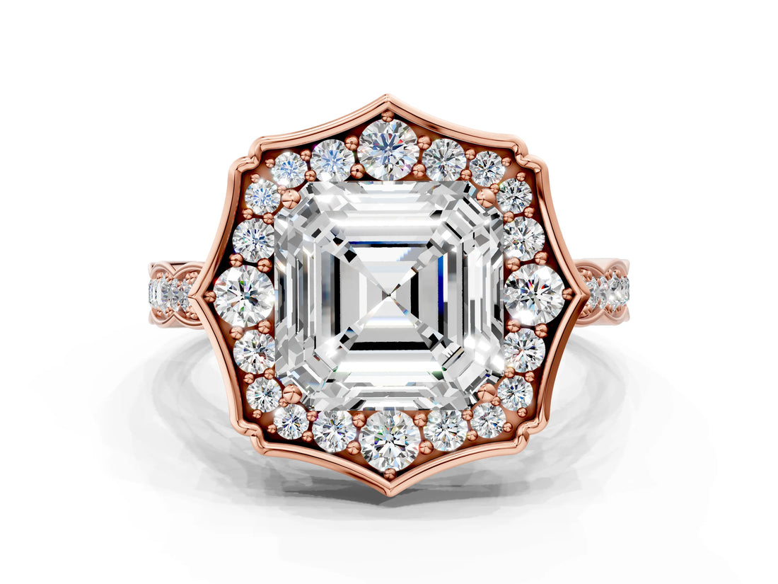 Rose gold Asscher Halo Diamond Engagement Ring with Milgrain Band and Four-Prong Setting_38