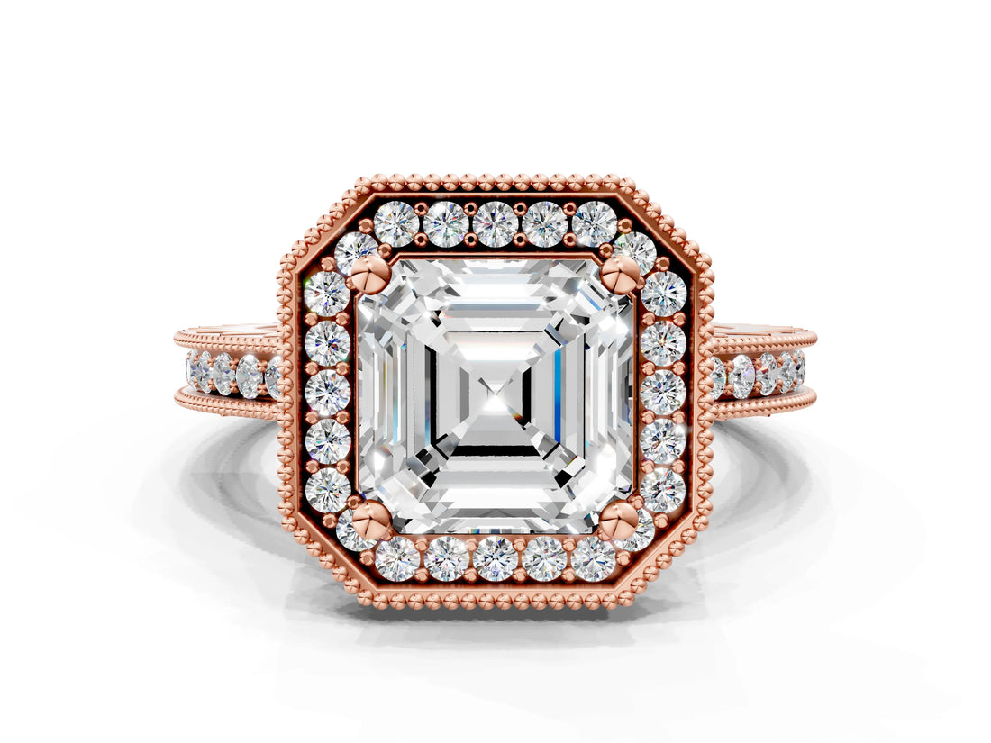 Rose gold Asscher Halo Diamond Engagement Ring with Milgrain Pave Band and Four-Prong Setting_87