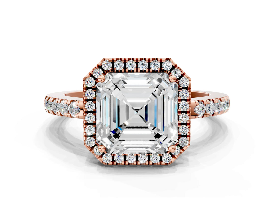 Rose gold Asscher Halo Diamond Engagement Ring with Pavé Band and Four-Prong Setting_21