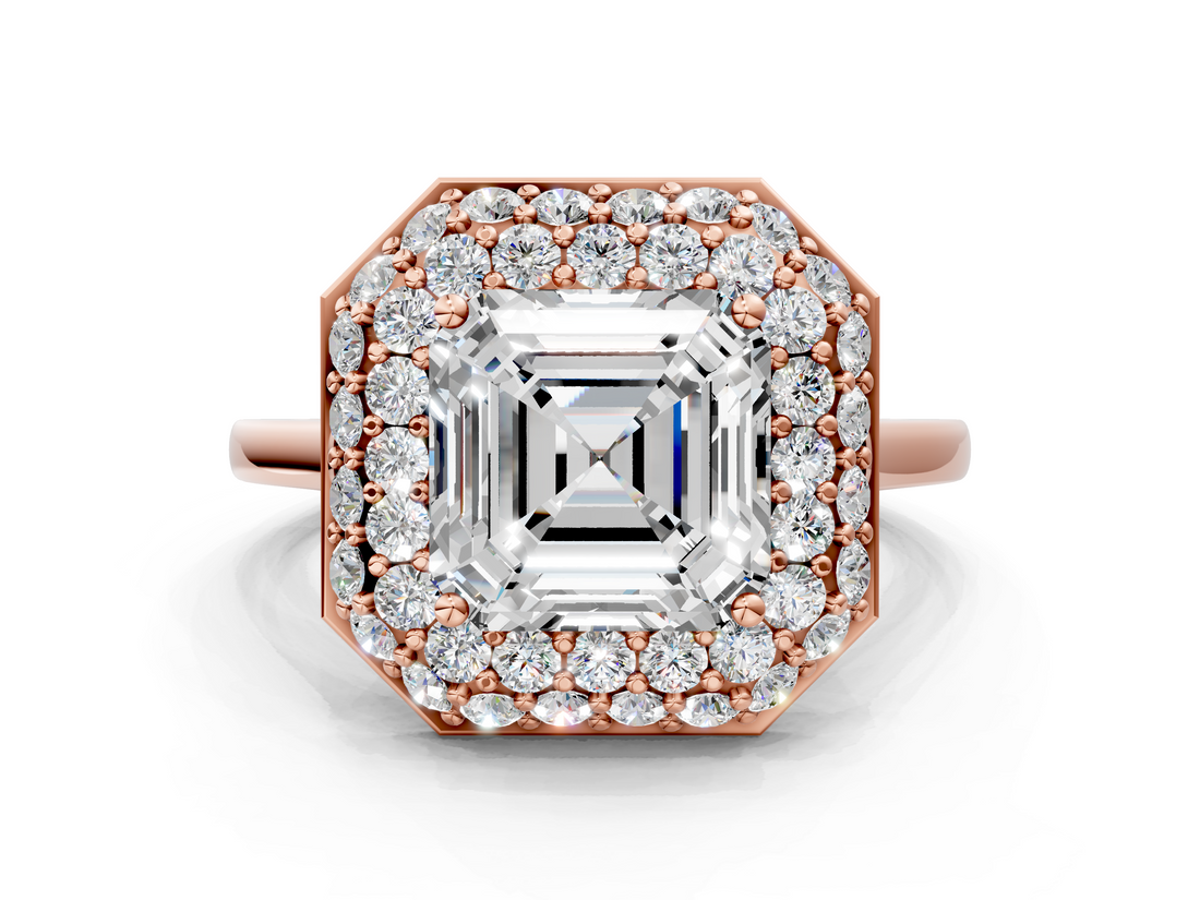 Rose gold Asscher Halo Diamond Engagement Ring with Solitaire Band and Four-Prong Setting_23